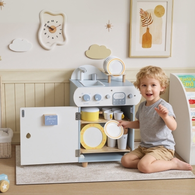 Qaba Wooden Dishwasher Playset, Play Sink Toys with Faucet, Turning Knobs and Accessories, Gift for Boys Girls Toddlers