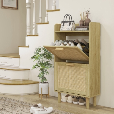 HOMCOM Slim Shoe Storage with 2 Flip Drawers and Adjustable Shelves, Rattan Shoe Cabinet Organizer for 12 Pair, Oak