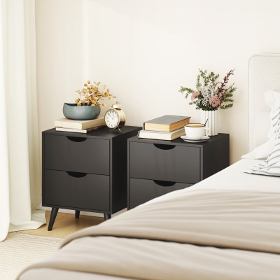 HOMCOM Modern Bedside Table Set of 2, Nightstand with 2 Drawers and Pine Wood Legs for Bedroom, Black