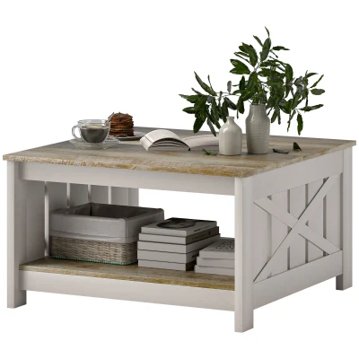 HOMCOM 31.5" Square Coffee Table, Farmhouse 2-Tier Center Table for Living Room, Distressed Oak and Brown