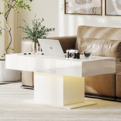 HOMCOM Extendable Coffee Table with LED Lights, Modern High Gloss Center Table with Hidden Storage for Living Room, White