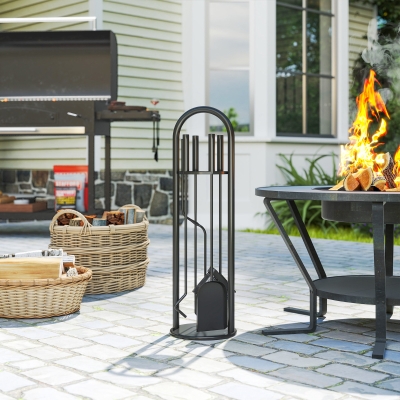 Outsunny Fireplace Tools Set, 5 Pieces Fireside Accessories with Brush, Shovel, Poker, A Pair of Tongs, Stand, Black