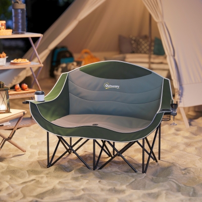 Outsunny Portable Camp Chair, Double Camping Chair with Cup Holders and Carry Bag, Support 551 lbs, Dark Green