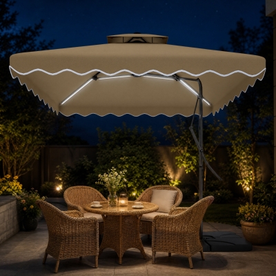 Outsunny 8' x 8' Square Double Top Offset Patio Umbrella Garden Parasol with Solar LED Lights, Ruffles and Weights, Khaki