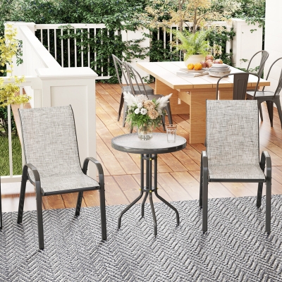 Outsunny 3 Pieces Bistro Set, Small Patio Furniture Set with Stackable Mesh Chairs, Glass Table for Garden, Balcony, Grey