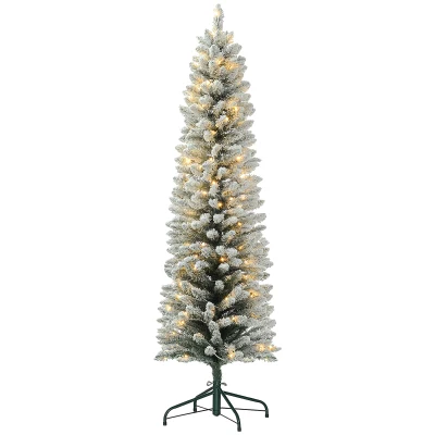 HOMCOM 6ft Artificial Prelit Christmas Tree with Warm White LED Light, Snow Flocked Branches, Metal Base, Pencil Xmas Tree