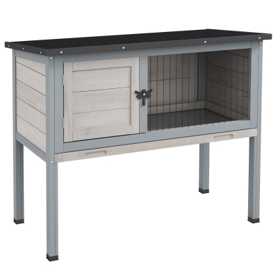 PawHut Wooden Rabbit Hutch with Openable Asphalt Roof, Tray, Light Grey