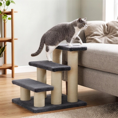 PawHut Cat Trees 3 Tier Pet Stairs Dog Cat 3 Steps Kitty Scratching Post Cat Scratch Furniture Dark Grey
