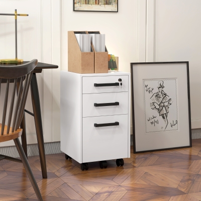 HOMCOM Lockable Vertical File Cabinet with Lock, 3 Drawer Filing Cabinet with Hanging Bars for Letter and A4 Size, White
