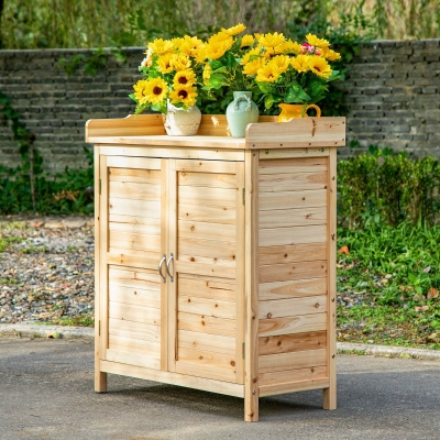 Outsunny Wood Garden Shed, Compact Outdoor Storage Cabinet Potting Shed with Inner Shelf and Double Doors for Backyard, Natural