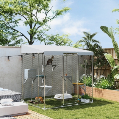 PawHut 79" L Galvanized Steel Catio Outdoor Cat Enclosure w/ 420D Waterproof Canopy, Multiple Platforms, Resting Condo, Silver