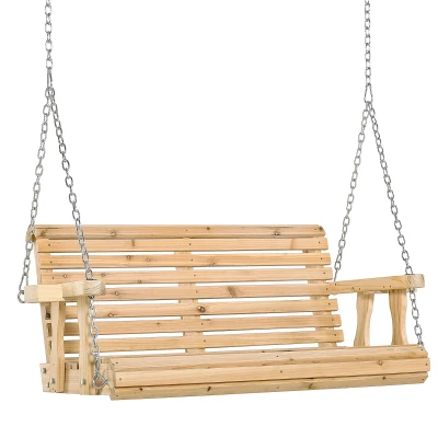 Outsunny 2 Seater Porch Swing Wooden Patio Swing Chair Seat with Cup Holder and Chains Outdoor Swing Bench for Garden Yard, Natural
