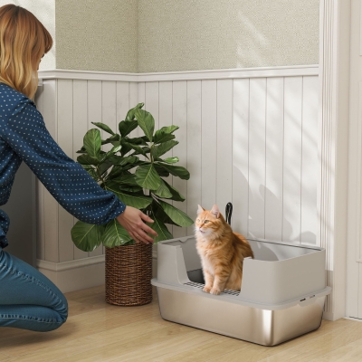 PawHut Stainless Steel Litter Box, XL High Sided Cat Litter Box with Scoop, Anti Leakage & Easy to Clean, 24" x 16" x 12", Grey
