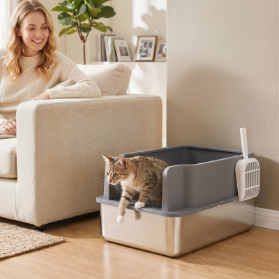 PawHut Stainless Steel Sifting Litter Box for Pine Pellet, High Sided, Anti-Leakage, Less Tracking, Includes Scoop & 10 Pads
