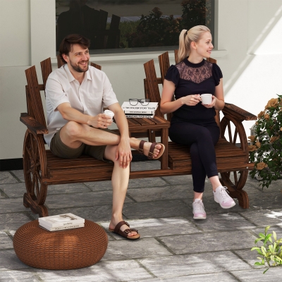 Outsunny Wooden Outdoor Loveseat, Wagon Wheel Outdoor Bench with Table, Carbonized