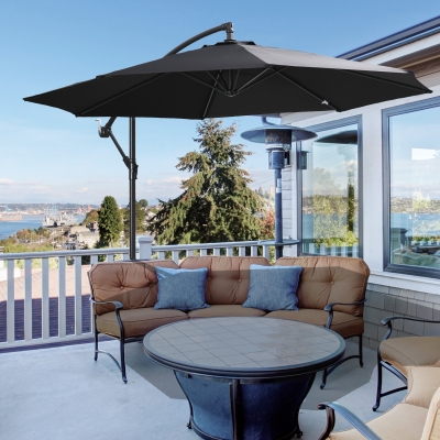 Outsunny 9.7ft Offset Patio UmbrellaCantilever Parasol with Crank Handle, 8 Ribs and Cross Base for Outdoor, Sun Shade, Black