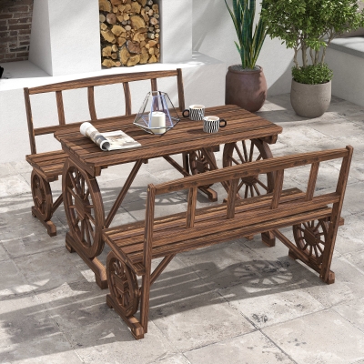 Outsunny Wooden Patio Table and Chairs for 4 People 3-Piece Carriage Wheels Design for Porch, Backyard, Balcony, Carbonized
