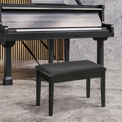 HOMCOM Classic Piano Bench Stool, PU Leather Padded Keyboard Seat with Rubber Wood Legs and Music Storage Compartment, Smooth Seat, Black
