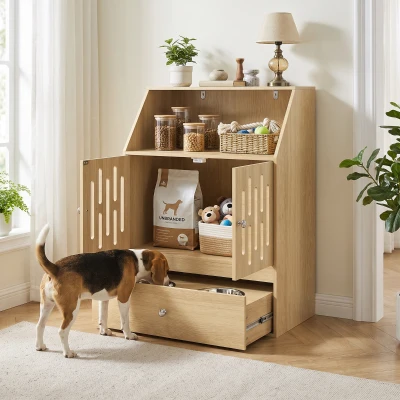 PawHut Dog Feeding Station Cabinet with 2 Elevated Bowls & Storage