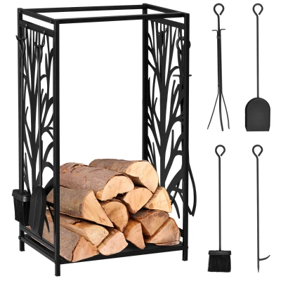 HOMCOM 18.1" x 11.8" x 27.6" Firewood Rack with 4 Tools, Log Holder for Fireplace, Outdoor Indoor Wood Storage Stacker, Black