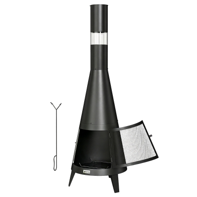 Outsunny Wood Burning Firepit with Chimney, Outdoor Fire Pit with Poker, Mesh Screen, Black