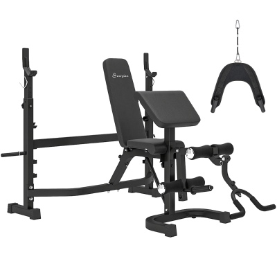 Soozier Weight Bench Stand with Squat Rack, Adjustable Olympic Bench, Multifunctional Arm Curl Pad, Leg Extension, Grey