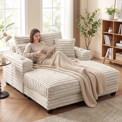 HOMCOM 60" Chaise Lounge Chair, Oversized Upholstered Sofa Bed with Cup Holders & Pillows, Sleeper Couch for Living Room, Beige