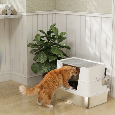 PawHut XL Stainless Steel Litter Box with Lid, Extra Large Covered Cat Litter Box for Indoor Kittens with Filp Top, Scoop