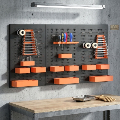 HOMCOM 33 Piece Metal Pegboard Panels, Peg Board with 16 Hooks, Bins and Racks, Black and Orange