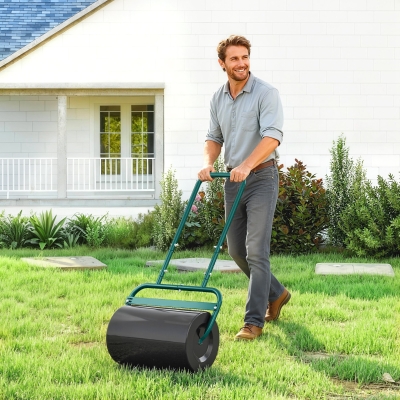 Outsunny Heavy Duty Lawn Roller, 20" Push/Tow Behind Sod Roller, Grass Flattener Filled with 11gal Water/136lbs Sand, Green