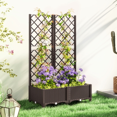 Outsunny Raised Garden Bed with Trellis, Plastic Raised Flower Bed with Drainage Holes and Drain Plugs