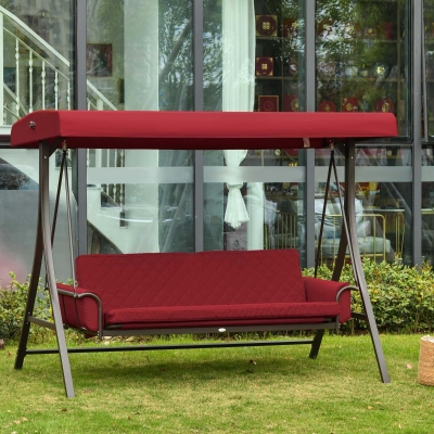 Outsunny 3 Person Porch Swing Bed, 2-in-1 Convertible Outdoor Patio Swing Chair Bench Hammock with Adjustable Canopy, Cushions, Pillows for Porch and Backyard, Red