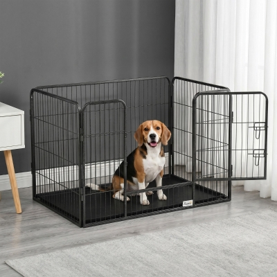 PawHut 4 Panels Dog Playpen, Heavy Duty Dog Fence, 28" H Portable Pet Playpen with Door Double Locking Latches, Tray, Grey
