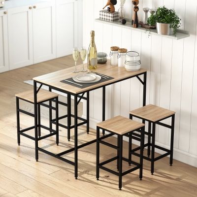 HOMCOM 5 Pieces Industrial Rectangular Bar Table Set, Dining Table Set Breakfast Table with 4 Stools for Dining Room, Kitchen, Dinette, Oak
