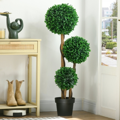 HOMCOM 3.6ft Artificial Tree, Triple Ball Boxwood Topiary with Pot and Sandalwood Leaves, for Indoor Outdoor Home