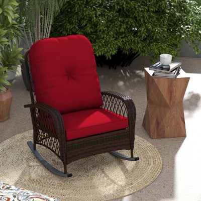 Outsunny Outdoor Wicker Rattan Rocking Chair Patio Rocker with Thick Cushions for Garden Backyard Porch, Red