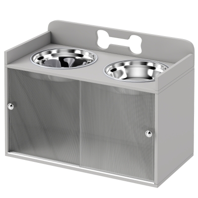 PawHut Elevated Dog Bowl Stand with Storage & 2 Stainless Steel Bowls, Gray