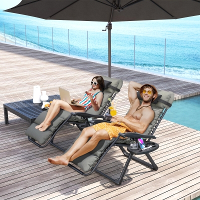 Outsunny 2pcs Reclining Zero Gravity Chair with Adjustable Backrest, Folding Garden Sun Lounger with Removable Cushion, Grey