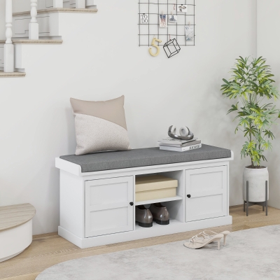 HOMCOM Shoe Storage Bench with Cushioned Seat, Entryway Bench Seat with 2 Cabinets and Adjustable Shelf for Hallway, White