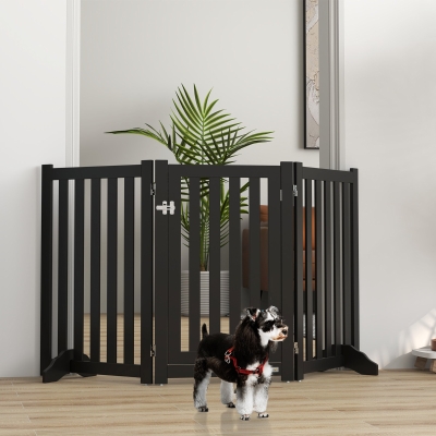 PawHut 3-Panel Foldable Dog Gate with Feet for Medium Dogs and Below, Black