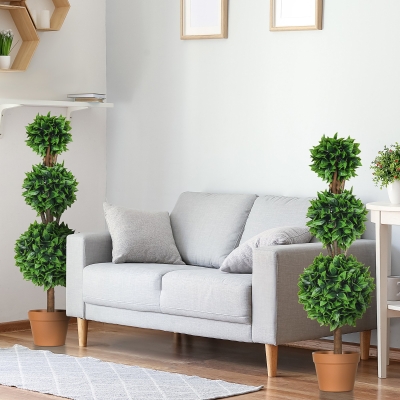 HOMCOM 2 Pack 35.5" Artificial Trees, Boxwood Topiary Ball Trees with Pot for Indoor, Outdoor, Home Office, Living Room, Green