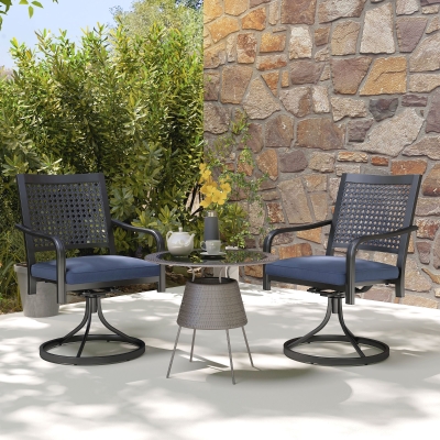 Outsunny 2 Pieces Patio Swivel Chairs with Cushion, Outdoor Swivel Rocker with Curved Armrests, Backrest for Garden, Balcony, Porch, Navy Blue