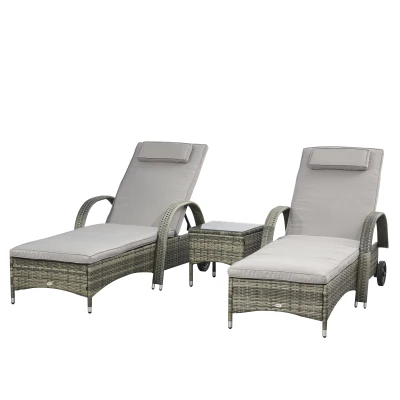 Outsunny Patio Rattan Lounge Set, Wheeled Wicker Chaise Lounge Chair and Table with Tempered Glass Top, Mixed Grey