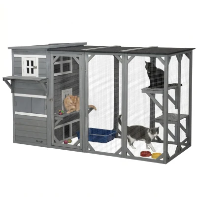 PawHut Wooden Cat Catio, 76"L Walk in Outdoor Cat House with Asphalt Roof, Platforms, Lockable Doors, 3-tier Resting Condo, Observation Window, for 2-3 Cats, Light Grey
