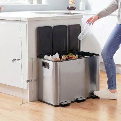 HOMCOM Garbage Bin, Soft-Close Trash Can with Foot Pedal, 3x5 Gallon (3x20 L) Garbage Can with Removable Inner Buckets, Silver