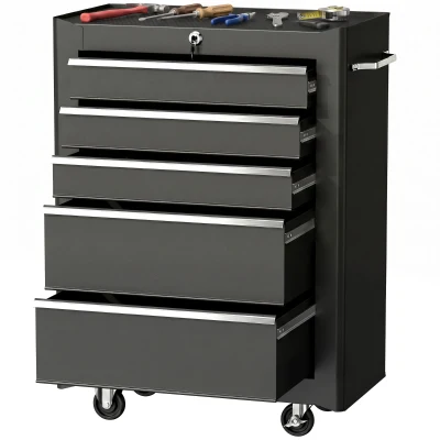 HOMCOM 5-Drawer Rolling Tool Cabinet on Wheels, Lockable Tool Chest, Tool Organizer for Garage, Factory and Workshop, Black