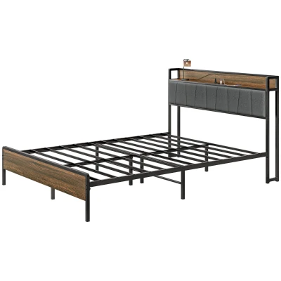 HOMCOM Queen Size Bed Frame with Charging Station, Queen Bed Frame with Upholstered Headboard and Storage Shelf, Walnut