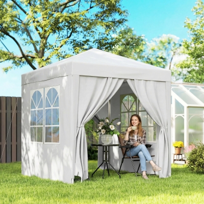 Outsunny 6.6'x6.6' Pop Up Canopy Tent with Sidewalls, Instant Sun Shelter Camping Gazebo with Carry Bag, White