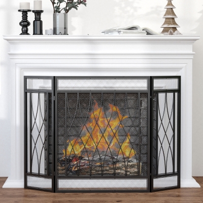 HOMCOM 3-Panel Metal Mesh Fireplace Screen, Decorative Fire Spark Guard Cover, 49.5" x 31.5"for Living Room Home Decor, Black