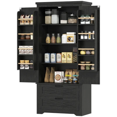 HOMCOM Farmhouse Kitchen Pantry Storage Cabinet, 64" Freestanding Kitchen Pantry Cabinet with Drawers, Distressed Black